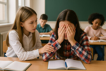 A supportive moment in the classroom as one student helps another overcome a challenge while studying. The teacher's absence highlights the power of peer support in education.