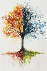 Fototapeta premium A vibrant watercolor painting of a tree split between autumn hues and a cool blue winter, showcasing the transition of seasons.