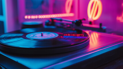 A retro with a vintage record player, vinyl stack, and glowing neon sign, adding a fun, nostalgic touch.
