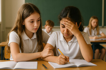 A supportive moment in the classroom as one student helps another overcome a challenge while studying. The teacher's absence highlights the power of peer support in education.