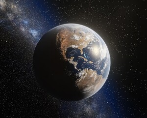 Obraz premium A stunning view of Earth from space, showcasing its landmasses and oceans against a backdrop of stars and cosmic elements.