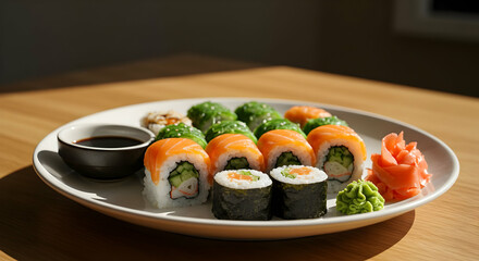 Assorted Sushi Rolls On White Plate With Soy Sauce And Ginger