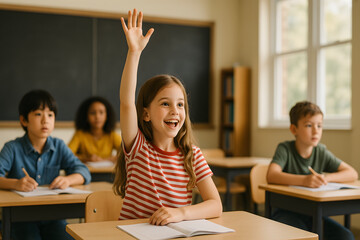 A group of cheerful students actively participating in class, raising their hands to answer questions, showcasing enthusiasm for learning in a classroom environment.