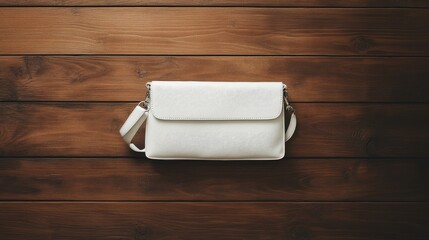Fototapeta premium A trendy white leather crossbody bag with minimalist hardware sits on dark-stained wood, blending modern and classic styles.