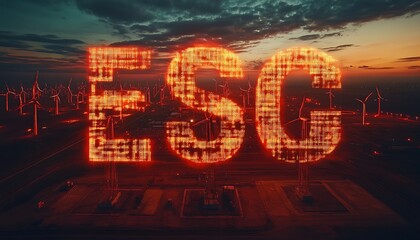 ESG acronym formed by digital code over wind farm at sunset.