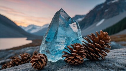 Crystal Formation and Pine Cones Mountain Scenery at Sunset