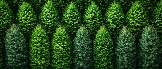 Aerial view of a lush, green conifer tree farm.