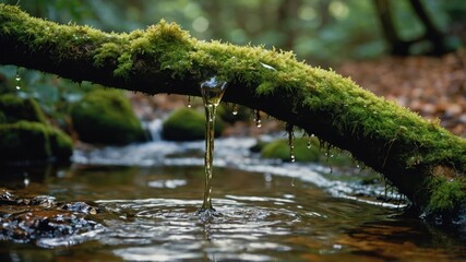 Fototapeta premium Water Dropping From Mossy Branch Into Stream in Lush Forest