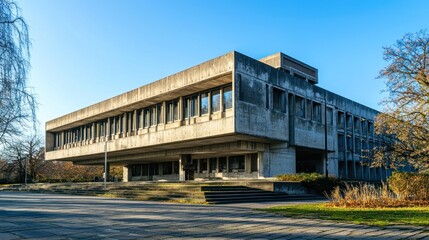 Raw concrete brutalist building with strong shadows.