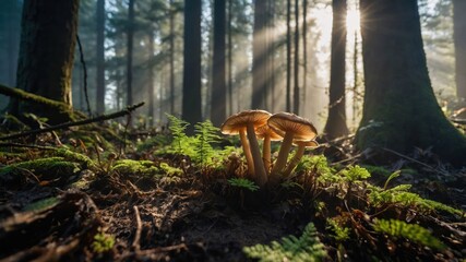 Obraz premium Mushrooms Growing in Forest with Sunlight Streaming Through Trees