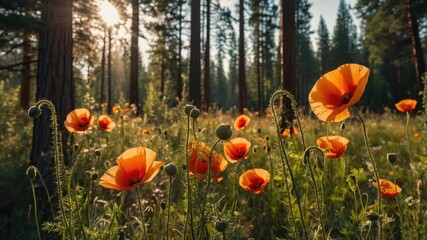 Poppy Flowers Blooming in Forest Sunlight Creating Warm Golden Glow