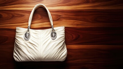 A white leather handbag with silver details showcased against a deep wood grain texture.