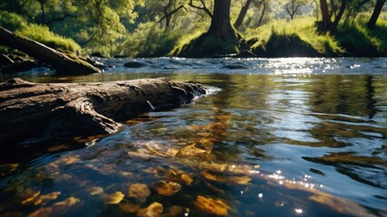 Naklejka premium Flowing River with Sunlit Water and Fallen Log in Forest
