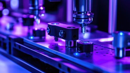 Close-up of mechanical actuator components illuminated by vibrant neon purple light, showcasing intricate details and precision engineering