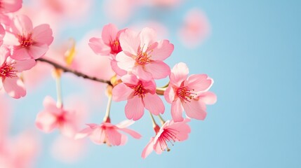 Obraz premium Pink cherry blossoms in full bloom under clear blue sky, with close - up of delicate petals and vibrant colors, creating an elegant and serene atmosphere.