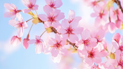 Naklejka premium Pink cherry blossoms in full bloom under clear blue sky, with close - up of delicate petals and vibrant colors, creating an elegant and serene atmosphere.