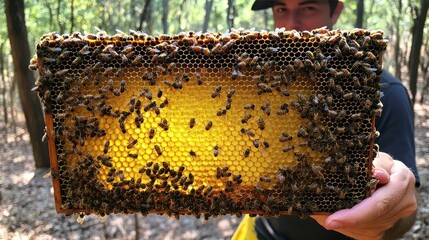 Close-up of Beehive Frame with Honey Bees Cultivating Honeycomb Structure