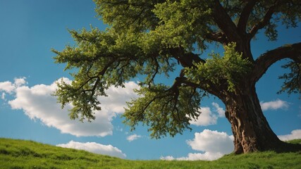 Obraz premium Tree Canopy View Against a Blue Sky with Clouds and Green Hill