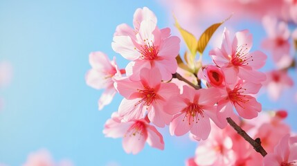 Obraz premium Pink cherry blossoms in full bloom under clear blue sky, with close - up of delicate petals and vibrant colors, creating an elegant and serene atmosphere.