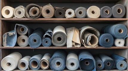 Industrial shelving filled with meticulously stacked denim fabric rolls, stored in an efficient textile warehouse.