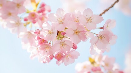 Naklejka premium Pink cherry blossoms in full bloom under clear blue sky, with close - up of delicate petals and vibrant colors, creating an elegant and serene atmosphere.