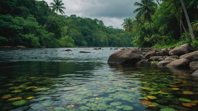 Scenic River Flowing Through Lush Green Tropical Rainforest with Rocks - Powered by Adobe