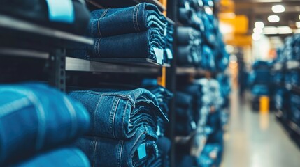 Industrial warehouse racks filled with neatly rolled denim fabric, under bright factory lights.