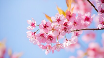 Obraz premium Pink cherry blossoms in full bloom under clear blue sky, with close - up of delicate petals and vibrant colors, creating an elegant and serene atmosphere.