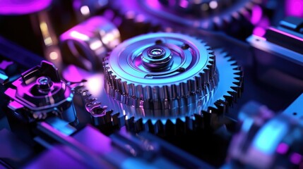 Mechanical actuator gears and rotating mechanisms set against a glowing neon purple background, emphasizing futuristic design