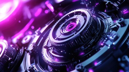 Mechanical actuator gears and rotating mechanisms set against a glowing neon purple background, emphasizing futuristic design