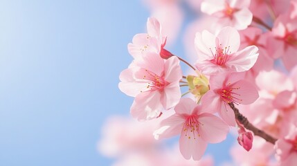 Naklejka premium Pink cherry blossoms in full bloom under clear blue sky, with close - up of delicate petals and vibrant colors, creating an elegant and serene atmosphere.