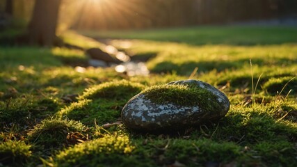 Mossy Rock in Forest Glade Lit by Golden Sunlight and Stream