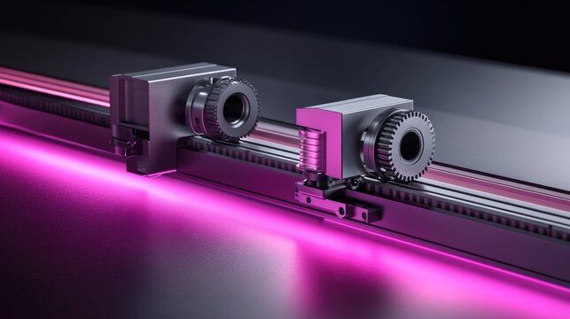 Metallic actuator components carefully arranged, reflecting neon purple light to create a sleek, futuristic aesthetic
