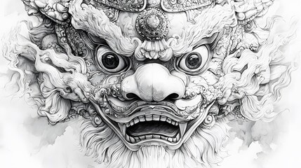 Intricate Stone Guardian Face, Temple Detail, Asia