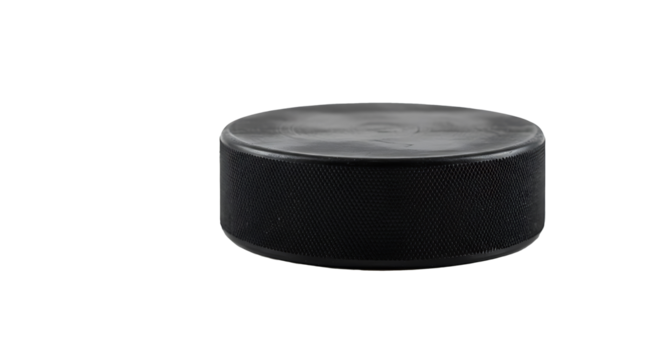 Black hockey puck on a white background, for ice hockey games and training.  
