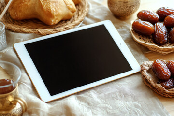 Digital Tablet on Table with Dates, Bread, and Tea in Warm Setting