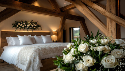 Cozy Rustic Bedroom with Wooden Beams and Elegant Floral Arrangement