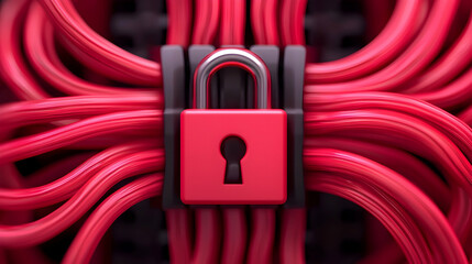 Glowing Red Padlock Securing Dark Fiber Optic Cables