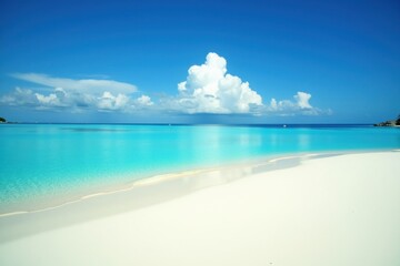 Pristine Maldives beach with powdery white sand gently sloping into crystal-clear turquoise waters, reflecting the bright blue sky and fluffy clouds, tropical paradise scene