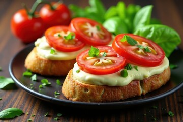 Chopped mixed vegetables on toasted Italian bread topped with juicy tomato slices and creamy herby sauce, italian appetizer, herby sauce, tomato slices