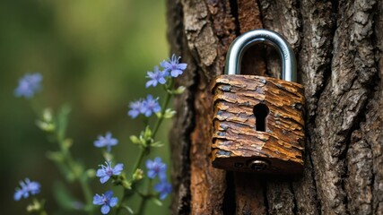 Padlock Securely Fastened to Tree Trunk Surrounded by Blue Flowers