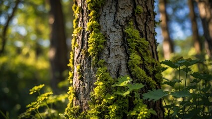 Fototapeta premium Moss Growing on Tree Trunk in Sunny Forest Setting