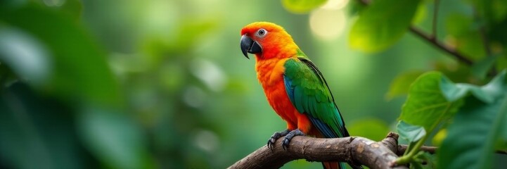 Obraz premium Vibrant parrot perched on a leafy branch in tropical setting, nature, vibrant, tropical