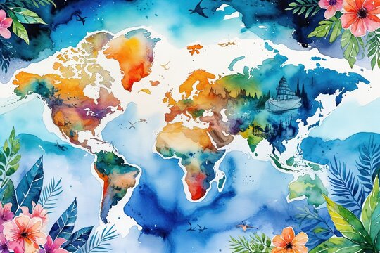 Vibrant Watercolor Travel Theme with Exotic Destinations and Artistic Illustrations for Adventure Journals and Event Invitations