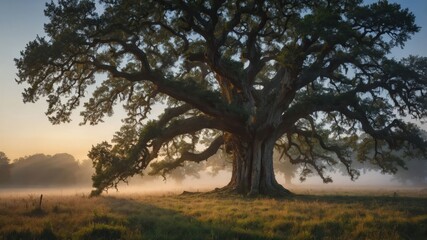 Fototapeta premium Majestic Tree Stands Tall in Misty Field at Dawn