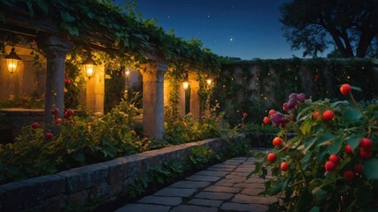 Fototapeta premium Walking Along Illuminated Stone Path in Night Garden with Berries