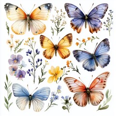 Whimsical watercolor isolate on white insects and flowers with butterflies and flowers in a pink vintage design for wallpaper or fabric