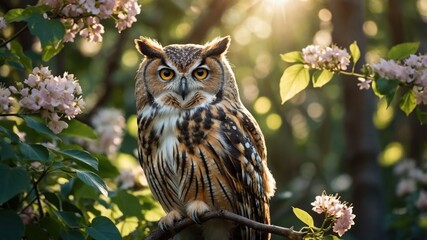 Obraz premium Owl Perched on Branch among Blossoms Enjoying Warm Sunlight