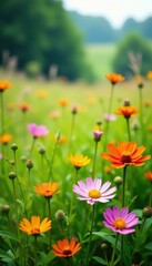 Colorful flowers in a lush meadow with tall grasses and wildflowers, garden scenes, nature