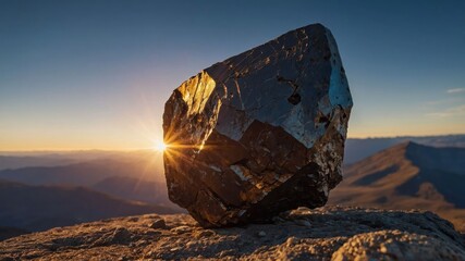 Large Rock on Mountain Peak with Sunrise Shining Through Crevice